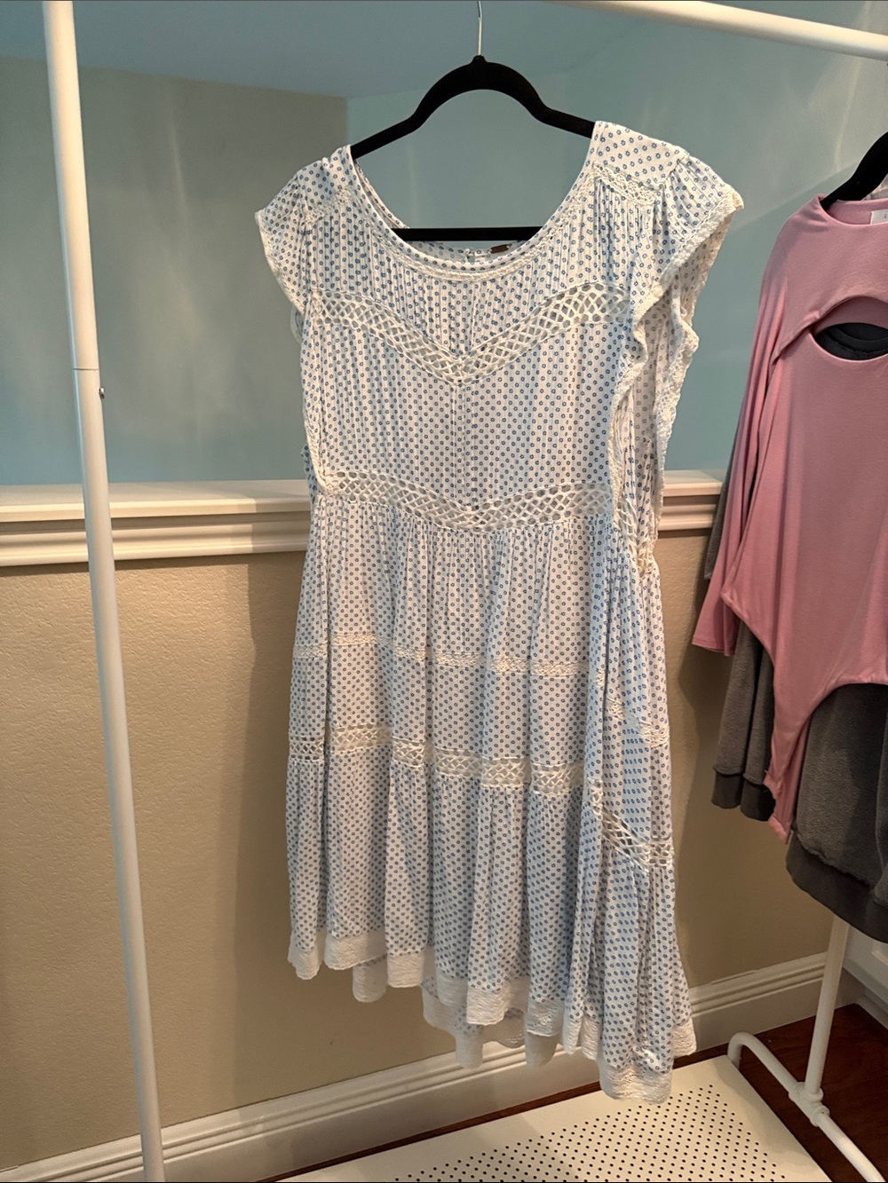 Free People Retro Kitty Crochet Trim Light Blue & White Polka Dot Mini Dress